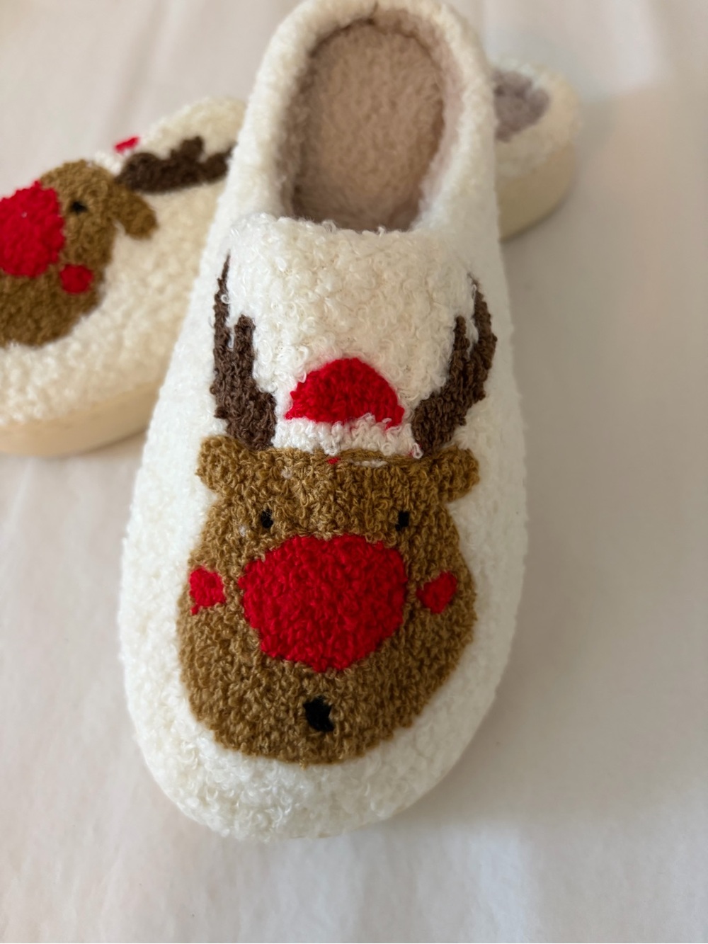 Cozy White Reindeer Slippers with Red Nose